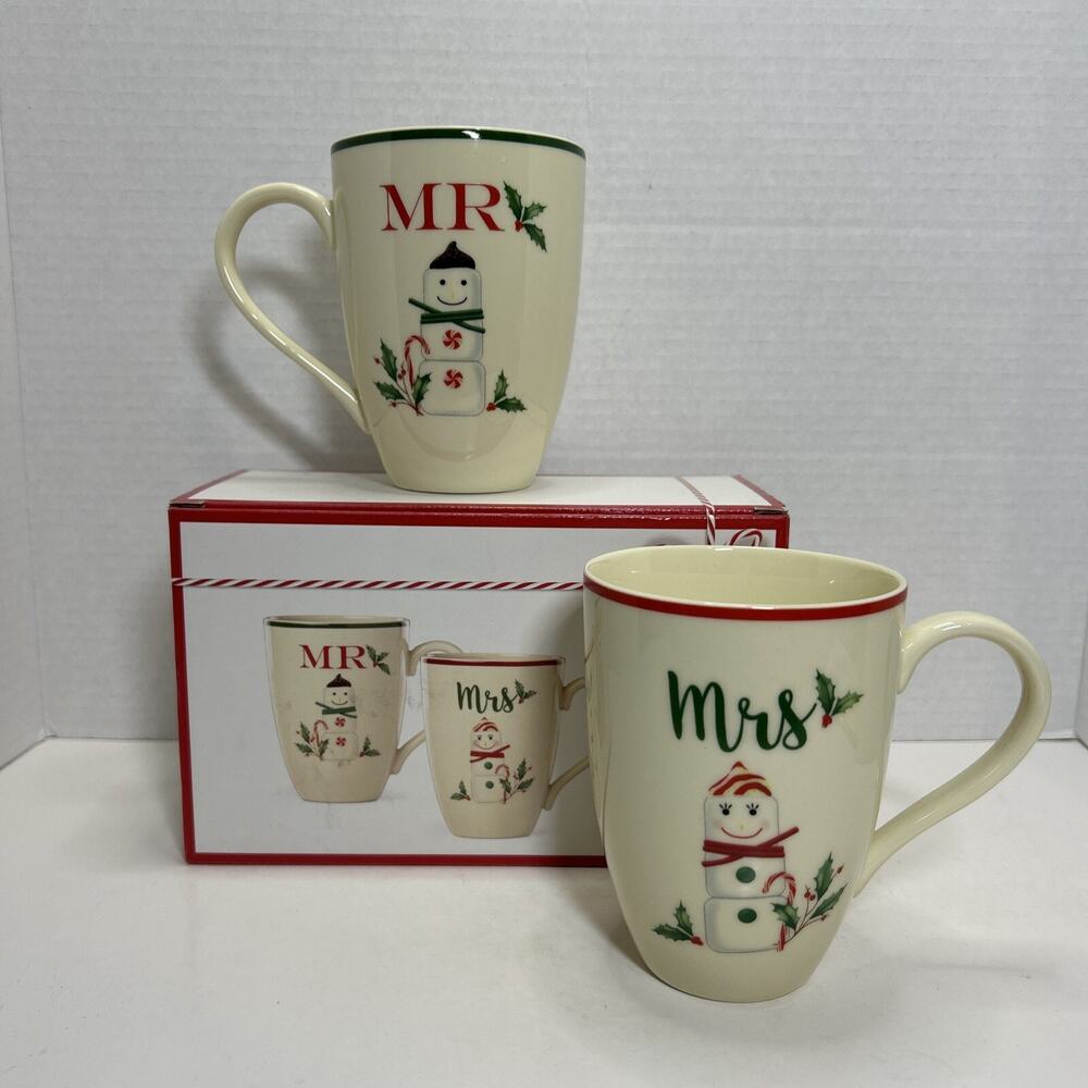 Lenox Hosting The Holidays Mr & Mrs Marshmallow Snowman 16 oz Mugs Nib SKU886869